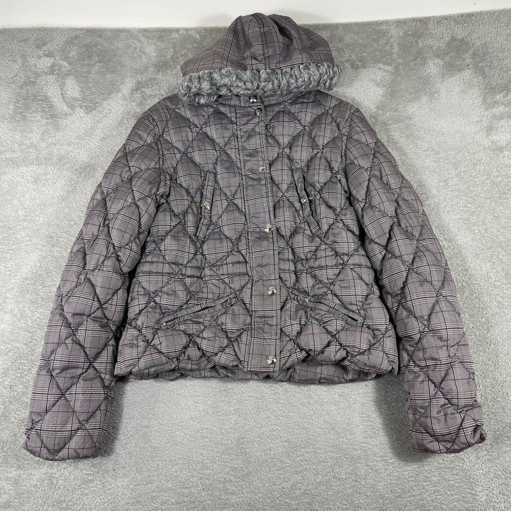 Guess Quilted Puffer Jacket Women Large Purple Plaid Down Fill Faux Fur Hood Y2K